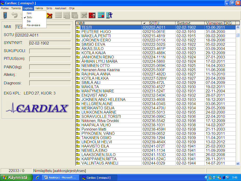 Tunnistat sen siitä, että siinä lukee EKG-mittaus Voit valita potilaan joko nimen tai sotun perusteella,