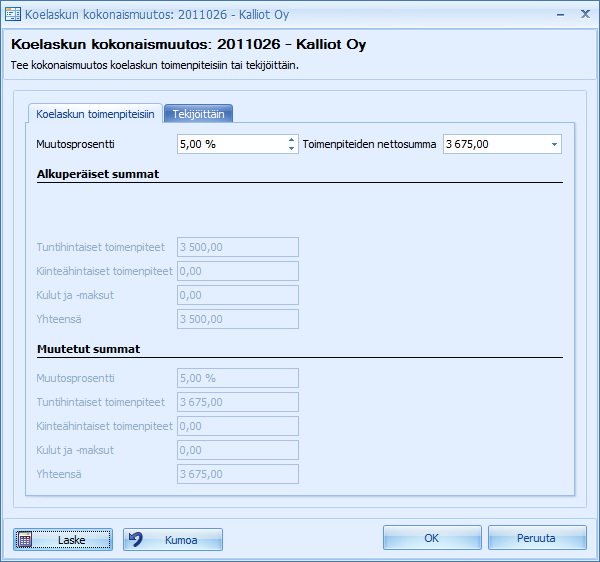 CSI Lawyer 2.7 Käyttöohje (63/146) Kun oikea muutosprosentti tai toimenpiteiden nettosumma on annettu, valitaan alhaalta vasemmalta Laske, jolloin ohjelmisto laskee koelaskulle uudet summat.