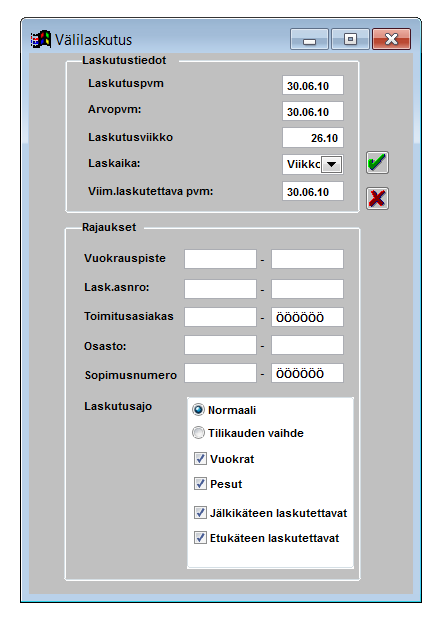 Välilaskutuksen rajaukset Välilaskutusta voidaan ajaa haluttaessa erilaisin rajauksin: HUOM! Ennen näiden toimintojen käyttämistä varmistathan, että käytössäsi on Tk-Pesu versio 8.20.1 tai uudempi. 1.