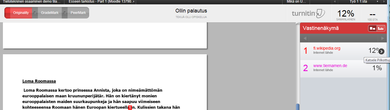 8 1.2 Raportin katselu 1. Valitse Turnitin-tehtävä Moodlen työtilassa. 1.. 2. Valitse Saapuneiden Palautusten lokero. 3.