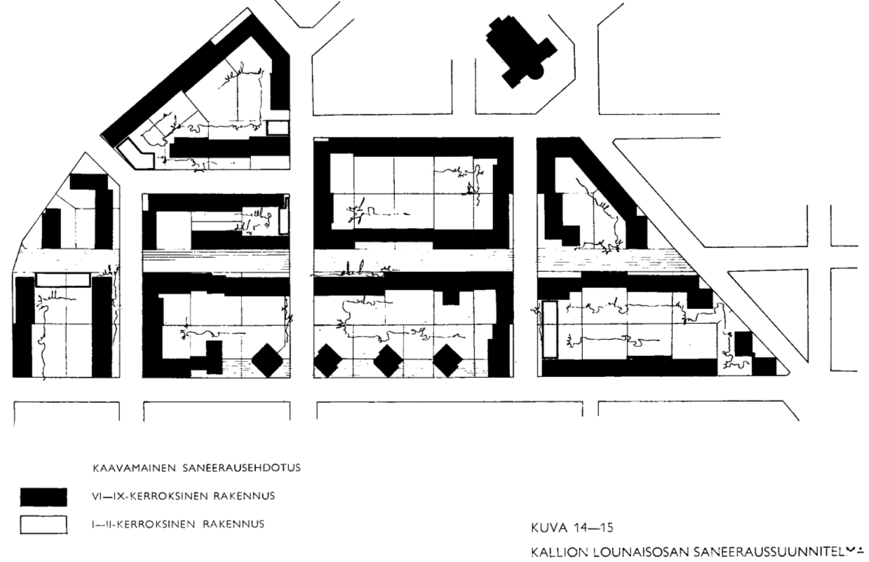 6 SANEERAUKSEN TOTEUTTAMINEN 6.1 Etu-Kallion saneerausehdotus 6.1.1 Yleistä Kallion lounaisosan, ns. etu-kallion, saneerausehdotus laadittiin kiinteistöviraston asemakaavaosastolla.