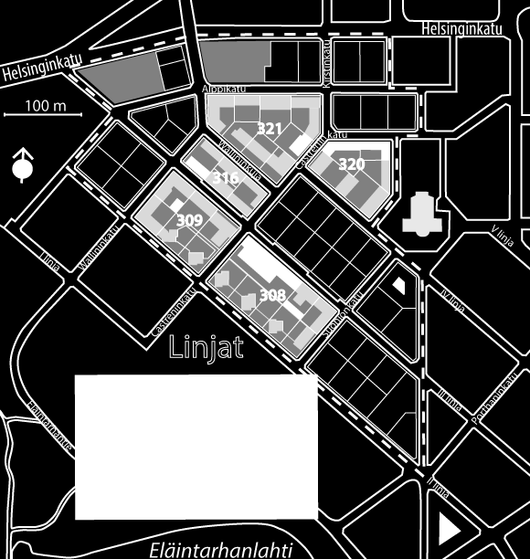 Kuva 37. Korttelisuunnitelmat, uudet ja purettavat rakennukset tutkimusalueella (Mäkelä 2013).