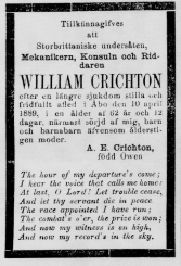 Olavi Suomisen kirjoittama Crichtonin perheen tarina jatkuu: Crichtonin perheen historiaa 2. OSA William Crichtonin kuolema William Crichton kuoli 10. huhtikuuta 1889 62-vuotiaana.