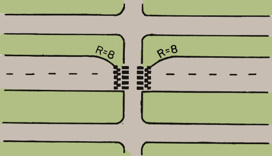 78 Liikenneviraston ohjeita xx/2013 Jalankulkijoille ja pyöräilijöille tarkoitetun ylityksen kohdalle tehdystä ajoradan korotuksesta ja kavennuksesta on esimerkki kuvassa 73. Kuva 73.