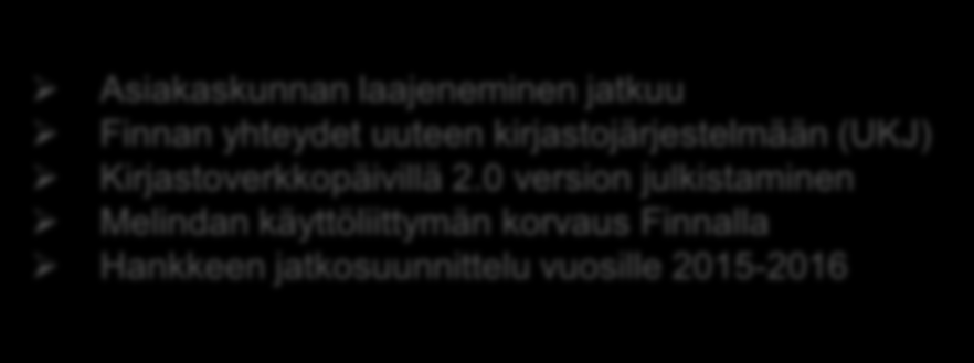 2008-2011 2012 Finnan roadmap 2012-2014 2013 2014 KDK-asiakasliittymän kehitys aloitetaan avoimen lähdekoodin ohjelmistojen ja avointen rajapintojen pohjalta Kehitystyötä tehdään ketterää menetelmää