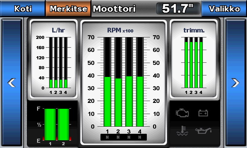 Kalenteri-, vene- ja ympäristötiedot Polttoainemittareiden tarkasteleminen Polttoainetietojen tarkasteleminen edellyttää yhteyttä ulkoiseen polttoainetunnistimeen, kuten Garmin GFS 10 -laitteeseen.