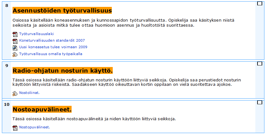 23 KUVA 8. Sähköturvallisuuteen liittyviä oppimisaihioita. Eri kurssiosioiden erottamista toisistaan helpottaa se että eri aihepiirit on merkitty selkeästi omalla väritunnuksellaan.