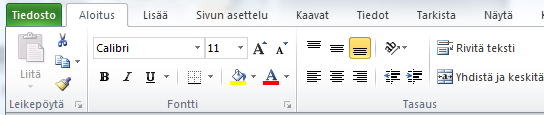 3 Excel 2010 käyttöliittymä Valintanauha koostuu välilehdistä Jokaisessa välilehdessä loogisesti sijoitetut toiminnot Valintanauha piiloon ja näkyviin kaksoisnapsauttamalla välilehteä Alt-näppäimellä