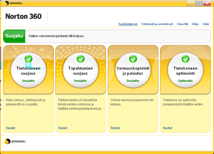 8 Aloittaminen Tutustuminen pääikkunaan Tutustuminen pääikkunaan Kun käynnistät Norton 360 -ohjelman, pääikkuna avautuu.