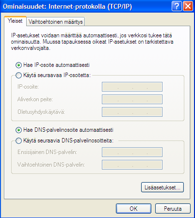 Perusasetukset Internet-yhteydelle Tarkista tietokoneesi verkkoasetukset. Tietokoneesi hakee IP-osoitteen, DNS- ja muut verkkotiedot automaattisesti DHCP-palvelimelta.