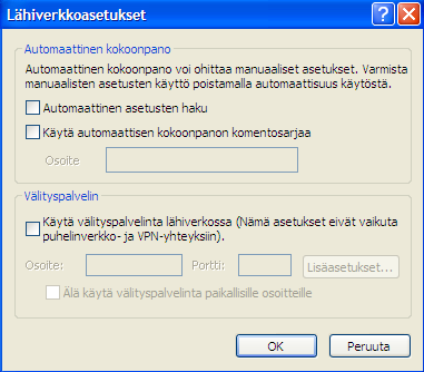 Internet-selaimen asetukset Tarkista Internet-selaimesi asetukset. Selaimen tulee käyttää lähiverkkoliitäntää (LAN).