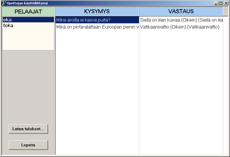 4.6 Opettajan käyttöliittymä Pelin lopuksi pelikerran tiedot tallentuvat automaattisesti xml-muotoiseen lokitiedostoon.