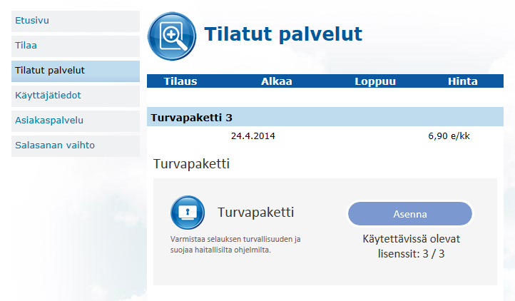 Uuden TURVAPAKETTI-palvelun asennus Sinulle on luotu automaattisesti uusi palvelun tilaus. Tilauksen hallinta tapahtuu Omahallinta.fiitsepalvelujärjestelmässä, Tilatut palvelut -osiossa.