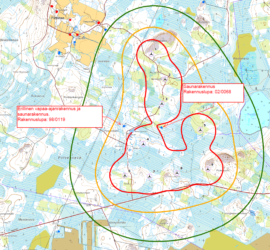 FCG SUUNNITTELU JA TEKNIIKKA OY Kaavaselostus 54 (69) Luonnosevaiheessa selvitettiin 40 db:n ja 45 db:n välisellä alueella sijaitsevien rakennuksiksi merkittyjen (sinisten pallojen) lupatiedot: