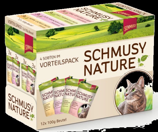 UUTUUS Schmusy Nature Vollwert-Flakes MULTIBOX-lajitelma aikuisille kissoille Täysrehu kissalle luonnollisista raaka-aineista Sisältää korkealaatuisia lihanpalasia kastikkeessa valituista