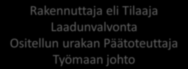 2 Teollisuusrakentaminen projektina 9 Rakennuttaja eli Tilaaja Laadunvalvonta Ositellun urakan Päätoteuttaja Työmaan johto Sopimus Sopimus Sopimus Osaurakoitsija Osaurakoitsija Osaurakoitsija Kuva 4.