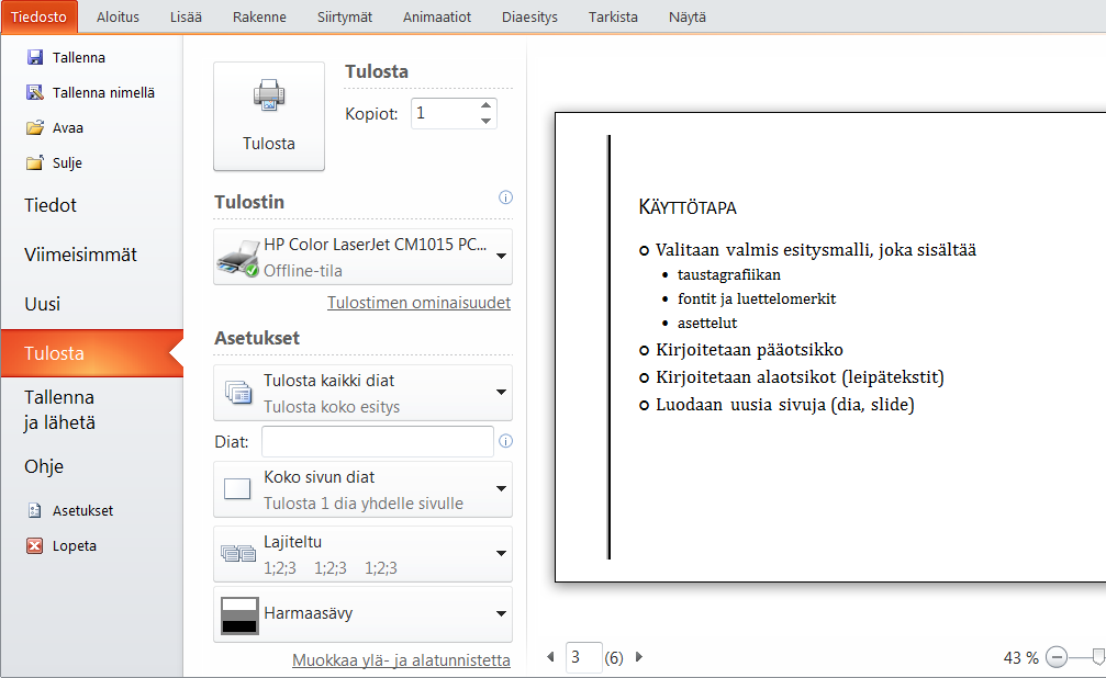 PowerPoint 2010 s. 19/23 Linkki tekstiin luodaan seuraavasti: 1. Valitse linkiksi muutettava teksti. 2. Napauta Lisää-välilehden Hyperlinkki-painiketta. 3.