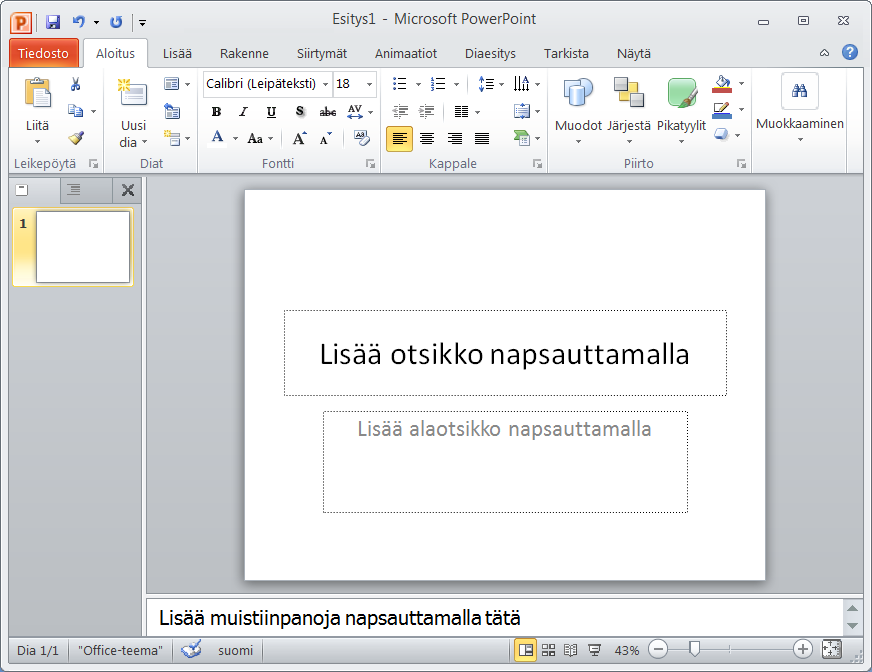 PowerPoint 2010 s. 1/23 1 PowerPointin käyttöliittymä PowerPoint 2010:n käyttöliittymä on niin kutsuttu valintanauha-käyttöliittymä, josta puuttuvat perinteiset valikot.