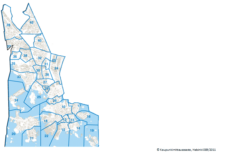 Kuva 8 Tutkimuksen käsittämät postinumeroalueet (Helsingin kaupunki Rakennusvirasto 2015) Postinumeroalueet voidaan karkeasti ryhmitellä isompiin kokonaisuuksiin: 1.