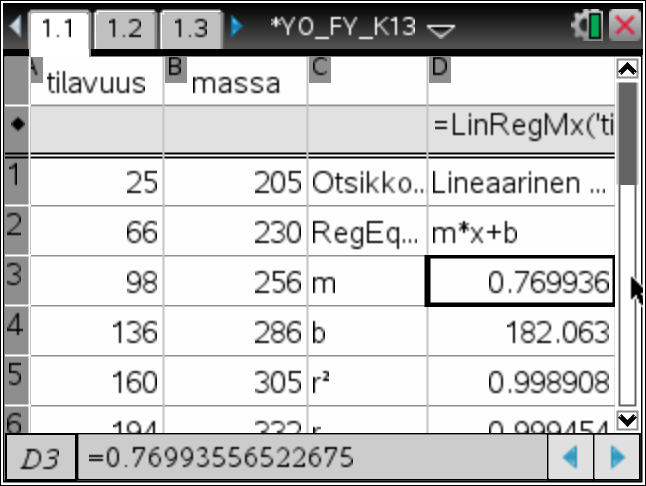 TI-Nspire CX CAS kämmenlaite fysiikan YO-tehtävien ratkaisussa. Tehtävä 2. Kuvaajan laadinta: Listat & Taulukot sovellukseen voidaan syöttää mittausdataa.