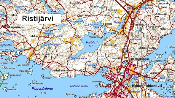 Kuva 41. Ristijärven sijainti kartalla Rsitijärven kalakannan rakennetta selvitettiin pienimuotoisella koeverkkokalastuksella vuonna 2009 (Ruokolainen & Ranta 2009).