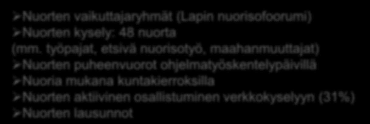 Nuoret mukana ohjelmatyössä Nuoret osallistuneet ohjelmatyöhön eri tavoin alusta asti & nuorten näkemykset on huomioitu ohjelman sisällöissä Nuoret ovat toimineet peilinä ammattilaisten tuottamille