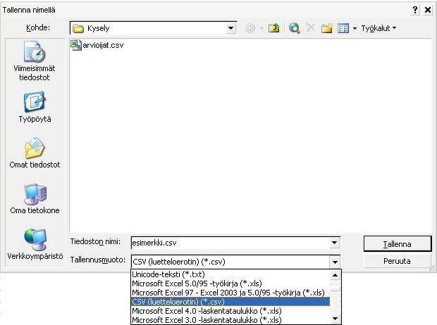 6.5. CSV-tiedoston luominen Excel-ohjelmalla CSV-tiedostossa on seuraavat kentät: Name, E-mail Address, EvalGroup (vastaajaryhmä) sekä Lang (kieli).