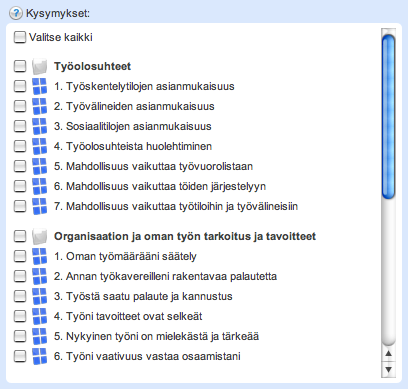 Kuva 59. Vastaajaryhmät. Seuraava vaihe on vastaajaryhmien ja kysymysten valinta (kuva 59. ja kuva 60.).