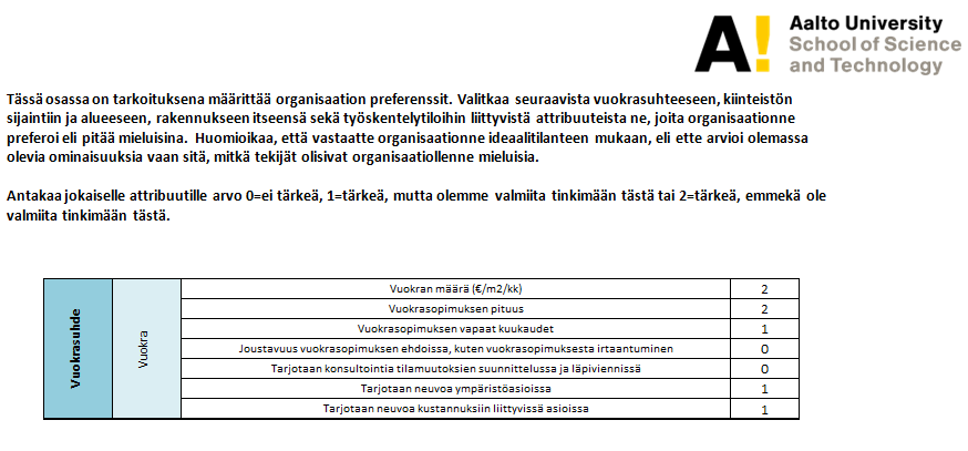 57 Seuraavassa vaiheessa työkalua siirrytään yksittäisten preferenssitekijöiden, eli attribuuttien arvottamiseen (kuvio 14).