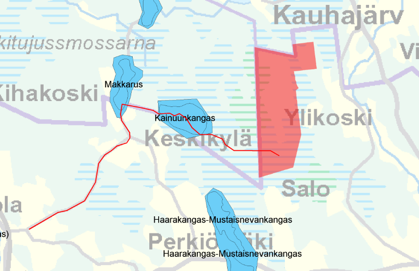 FCG SUUNNITTELU JA TEKNIIKKA OY Kaavaselostus 13 (92) Hankkeen alustava sähkönsiirtoreitti kulkee Makkaruksen ja Kainuunkankaan pohjavesialueiden kautta.