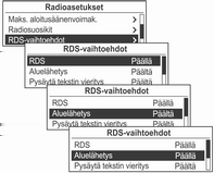 Radio 101 RDS-toiminnon kytkeminen päälle/pois Aseta RDS-valinnaksi Päällä tai Päältä. RDS:n aktivointi tarjoaa seuraavat edut: Näytössä näkyy määritetyn aseman ohjelman nimi sen taajuuden asemesta.