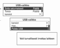 116 Audiosoittimet Myöhemmin USB-soittimen toimintoja käytetään samalla tavalla kuin CD/MP3-toistossa.