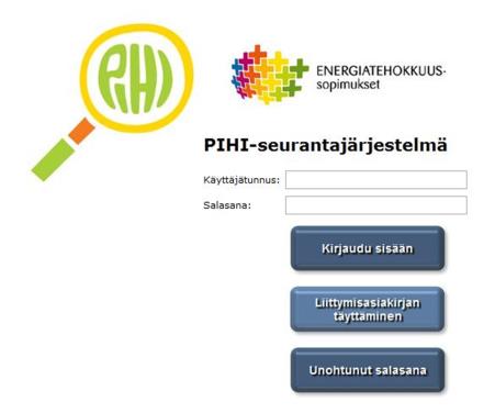 1. Energiatehokkuussopimukseen liittyminen Avaa internet-selaimen kautta PIHI-seurantajärjestelmän aloitussivu osoitteessa http://www.pihiseuranta.fi.