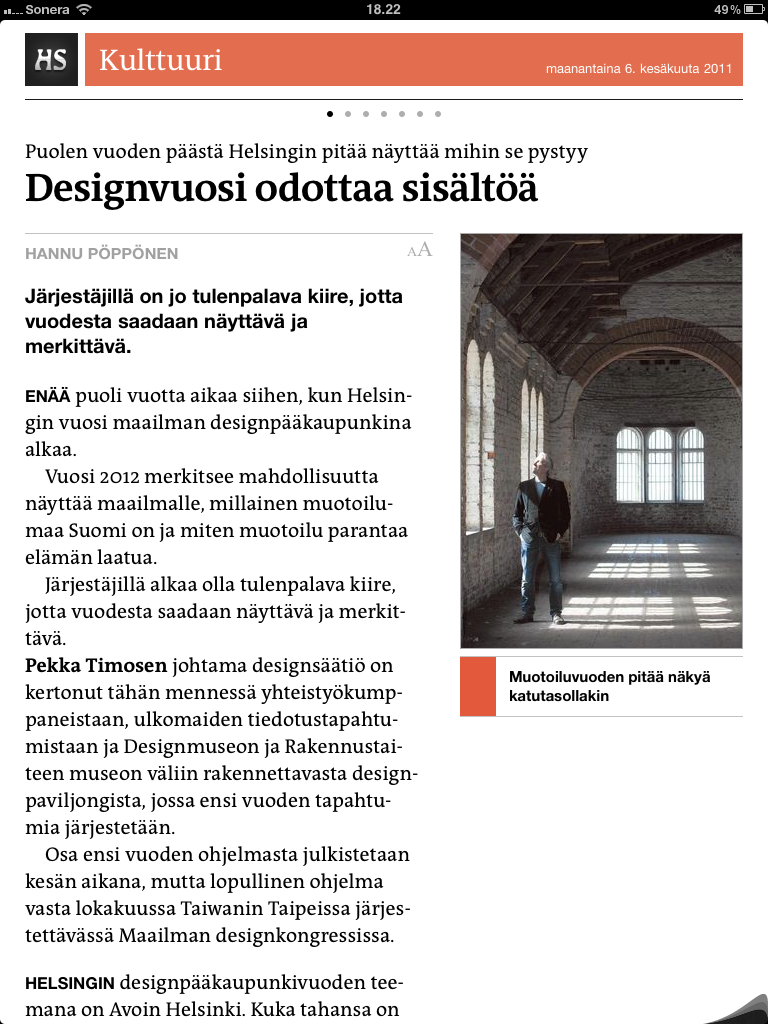 Kuva 11. Kulttuuriosaston sisältämä kulttuuriosaston etusivun pääjuttu osaston sisäisessä jutunlukunäkymässä. Oikeassa laidassa on linkki jutun oheis- eli niin kutsuttuun kainalojuttuun.