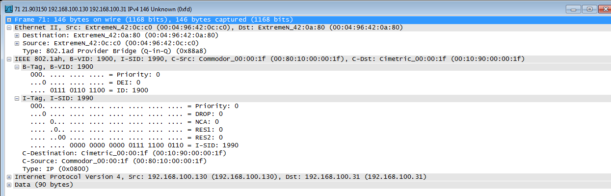 kuvassa 22, jonka visualisointi on saatu Wireshark-ohjelmistosta. Kuvasta nähdään, että käytetty ISID-tunniste oli 1990 ja käytetty BVLAN-tunniste oli 1900.