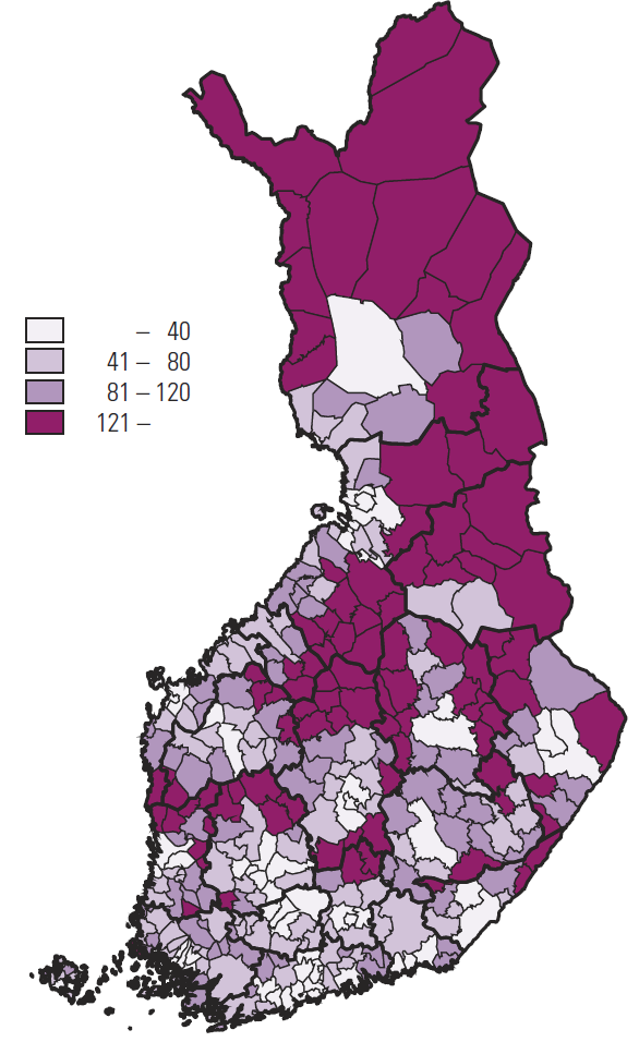 Suomen alue- ja yhdyskuntarakenne johtaa osalla alueista suhteellisen pitkiä etäisyyksiä palveluihin, kuten luvusssa 2.4 on kuvattu.
