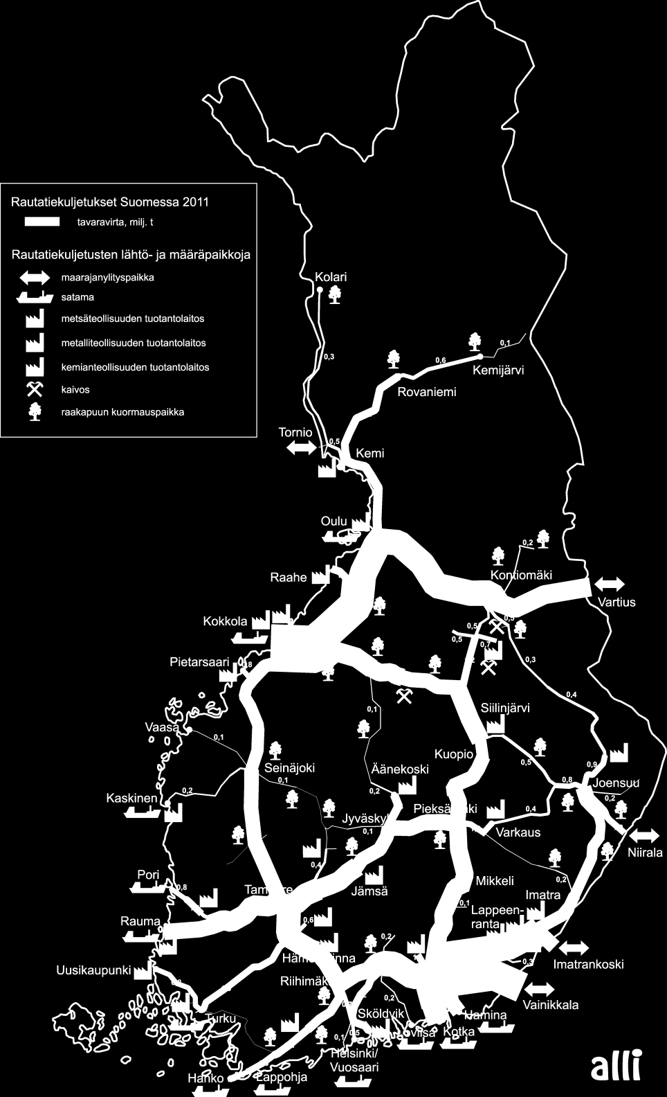 Rautatiekuljetukset Rautatiekuljetukset palvelevat Suomessa erityisesti metsä-, metalli- ja kemianteollisuuden kuljetustarpeita.