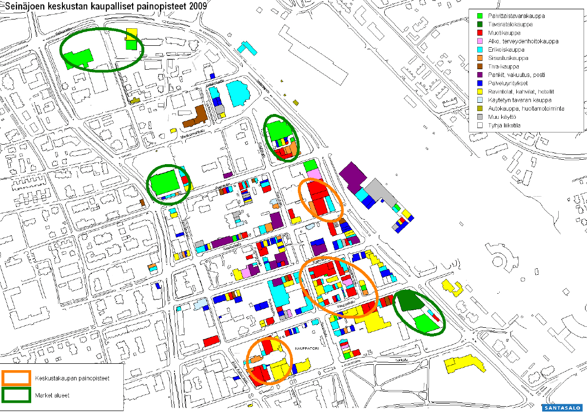 Keskustan kaupalliset palvelut Santasalo Ky 2009 Seinäjoen keskustassa on yhteensä yli 300 kaupallista palvelua, joilla pinta-alaa yli 90.000 m2.