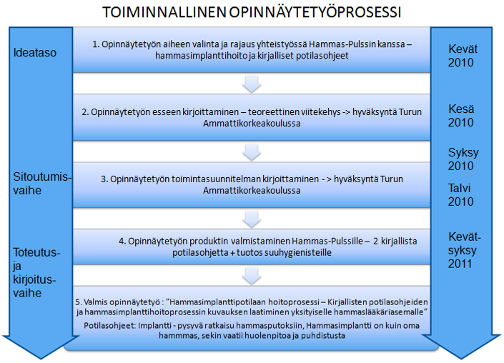 50 Kuvio 2. Toiminnallisen opinnäytetyöprosessin kuvaus. 7.1 Opinnäytetyöprosessin kulku Opinnäytetyöprosessin tiedonhaku aloitettiin esseen laatimisella kevään ja syksyn 2010 välisenä aikana.