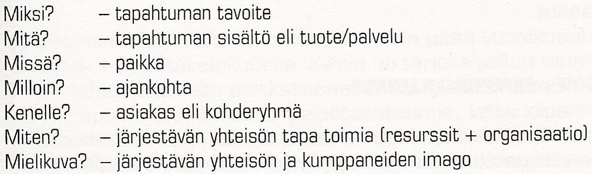 16 Kuvio 6. Tapahtumajärjestämisen kysymykset (Kauhanen ym. 2002, 35). Kysymyksiin- Missä ja Milloin? voidaan vastata, että Rovaniemellä 31.12.2014. Kysymystä- Kenelle?