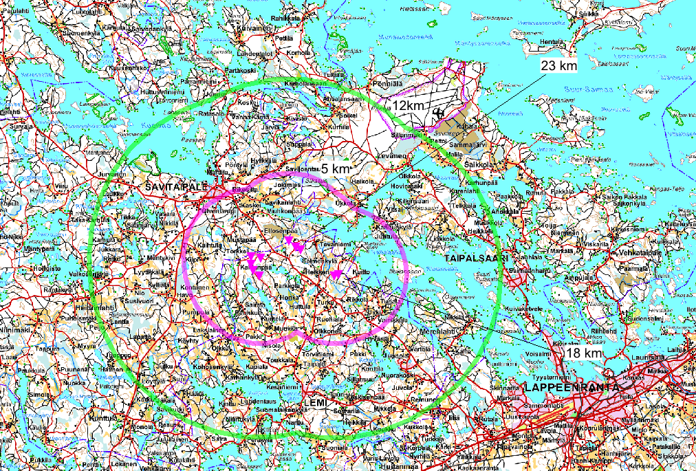 51 Kuva: Hankealueet sijaitsevat noin 20 km päässä Suur-Saimaan