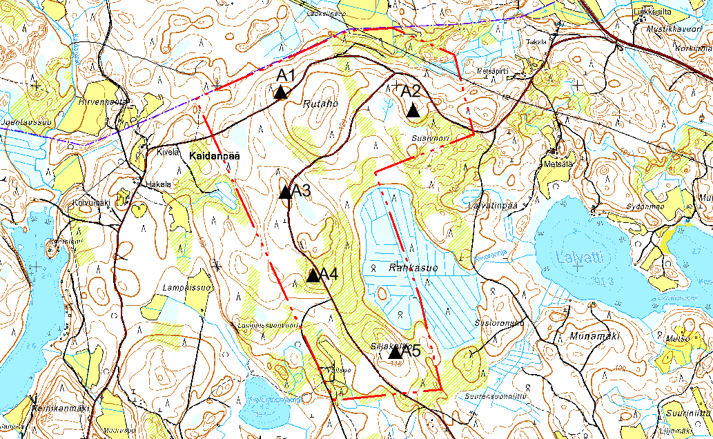 68 7. Aluekuvaukset Hankealue A1-5 Lähietäisyysvyöhyke (0-2 km) Hankealue sijaitsee Kirventeenjärven pohjoispuolella, Kaijanpääntien ja Rutahontien metsätaipaleilla; kapeat sivutiet eivät niiden