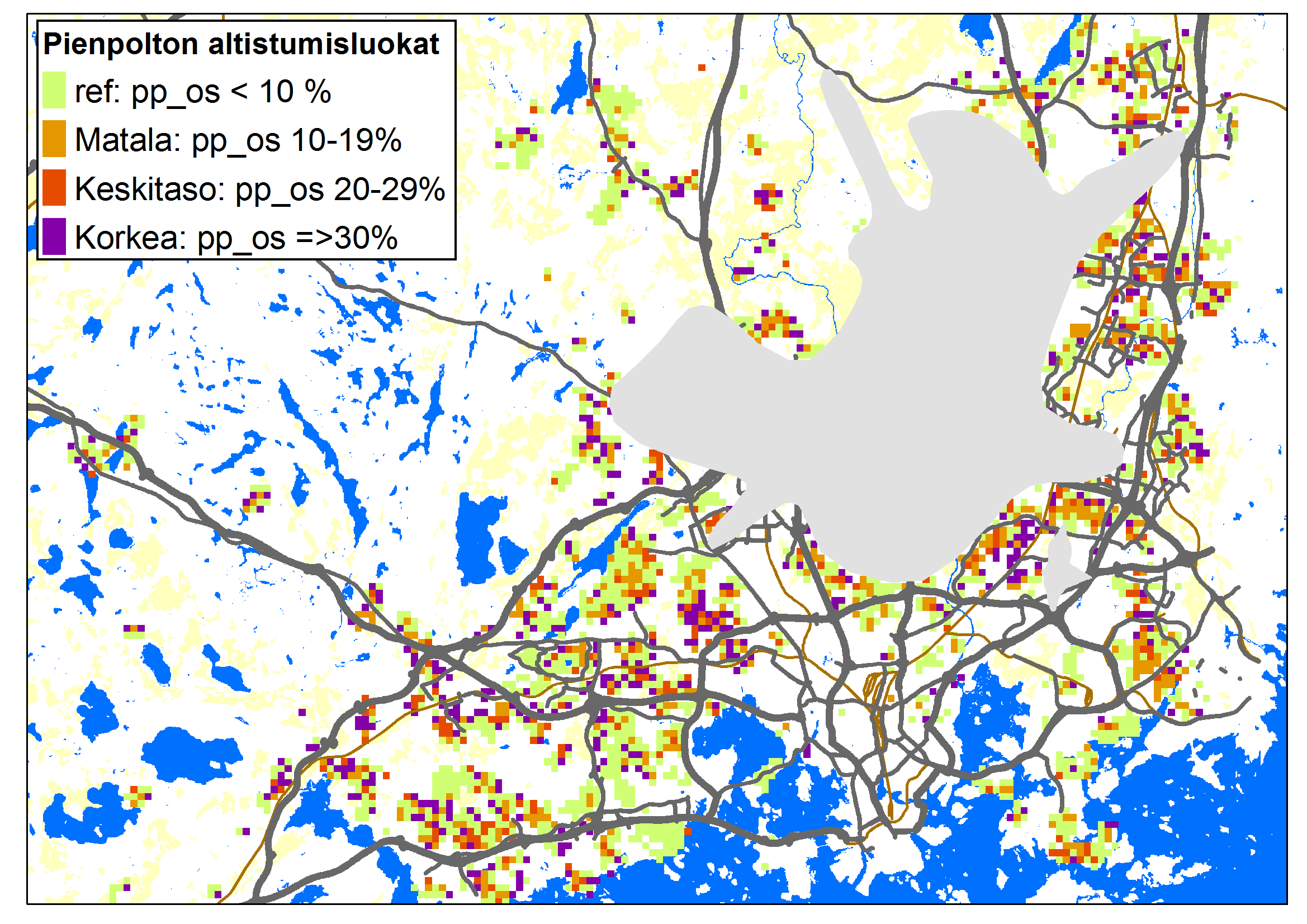 Puu (+muu) lämmityksen osuus 250x250 ruudulla 1980 Väestö 1980 59 000 25