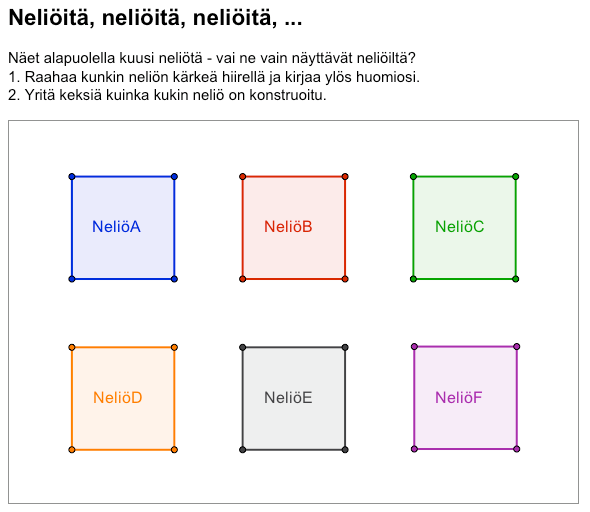 Harjoitus 5: Piirrokset, konstruktiot ja raahaustesti Avaa dynaaminen työtiedosto H05_Piirto_konstruktio_neliot.html.