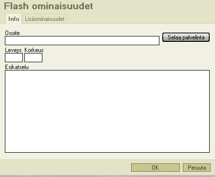 CONTENT MANAGER -MANUAALI 20 (42) Lisää flash/muokkaa flashia Osoitekentän jälkeen olevasta painikkeesta painamalla voidaan selata flash-tiedostoja. Tiedoston voi myös ladata omalta tietokoneelta.