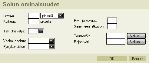 CONTENT MANAGER -MANUAALI 24 (42) Solun ominaisuudet Komento avaa Solun ominaisuudet dialogin. Ominaisuuksia muokkaamalla voidaan säätää mm. solun kokoa, ulkoasua ja asettelua. Kuva 19.