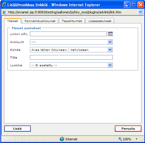 Linkki Linkki sivulta voidaan tehdä oman palvelun sisälle tai toiseen www-osoitteeseen. Linkin kohteena voi olla esimerkiksi sivu tai tiedosto, kuten pdf, Word tai Excel -tiedosto.