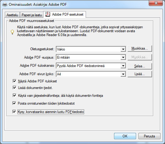 Tulostusasetukset Tulostimen valinnan jälkeen on tärkeää valita PDF-tulostuksen asetukset. Asetuksiin pääset napsauttamalla Tulostimen ominaisuudet (Printer Properties) -painiketta (kuva sivulla 123).