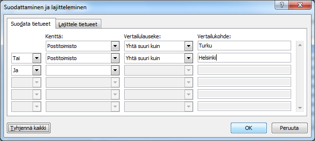 Kuva 160 Suodata ja lajittele ( Filter and Sort) - valintaikkuna Postitoimisto-kentän suodatuksella voit tulostaa kirjeet vain Turkulaisille ja Helsinkiläisille.