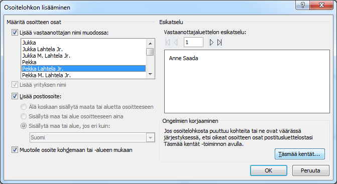 Tarrojen tuottaminen jatkuu Kuva 172 Vaihe 4 Napsauta Osoitelohko (Address block) -painiketta. Napsauta esiin tulevassa valintaikkunassa Täsmää kentät (Match fields) -painiketta.